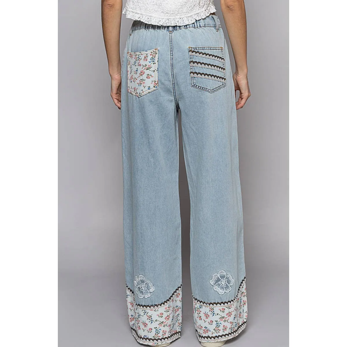 Denim Floral patches embroidery elastic band casual POL Pants