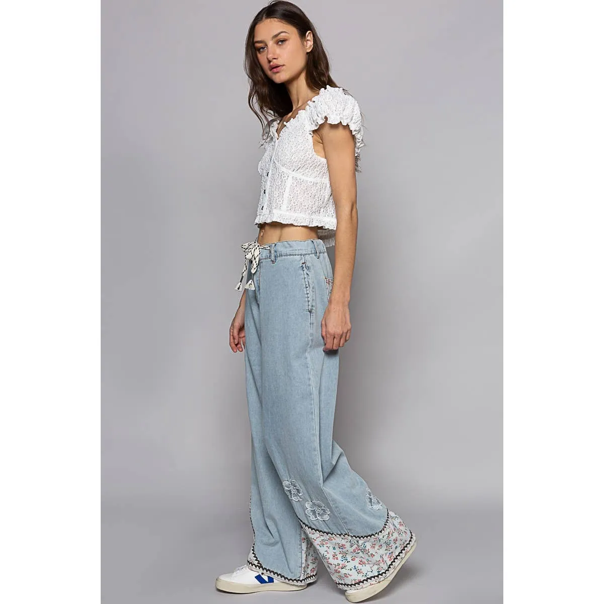 Denim Floral patches embroidery elastic band casual POL Pants