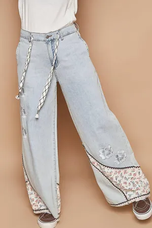 Denim Floral patches embroidery elastic band casual POL Pants