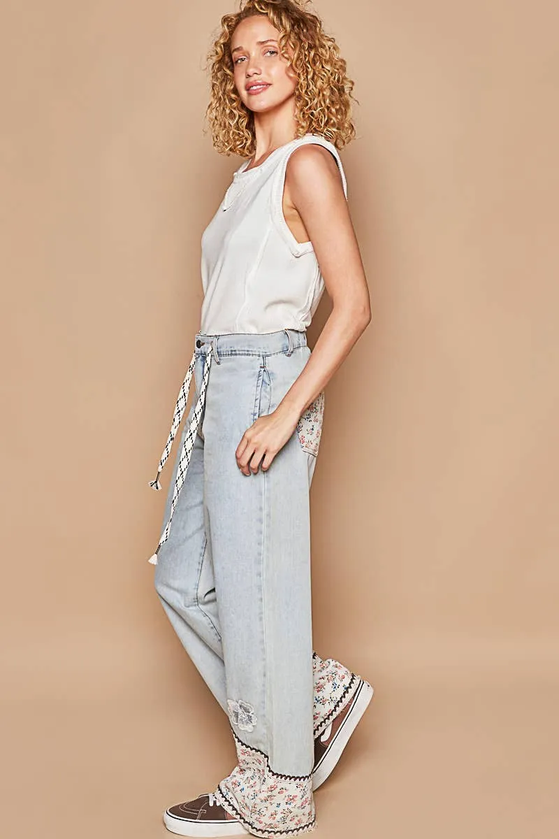Denim Floral patches embroidery elastic band casual POL Pants