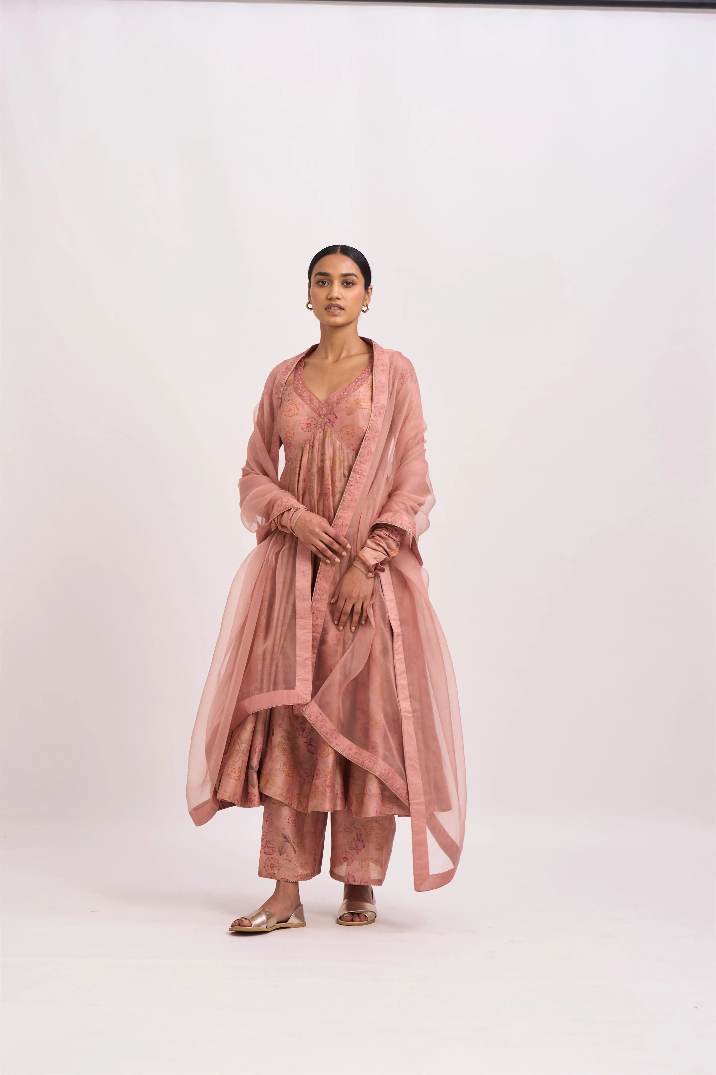 Dot   I   Ira  Marina Anarkali Kurta Set  chanderi Kurta & Pant with Organza Dupatta Old Rose SS24-O-64