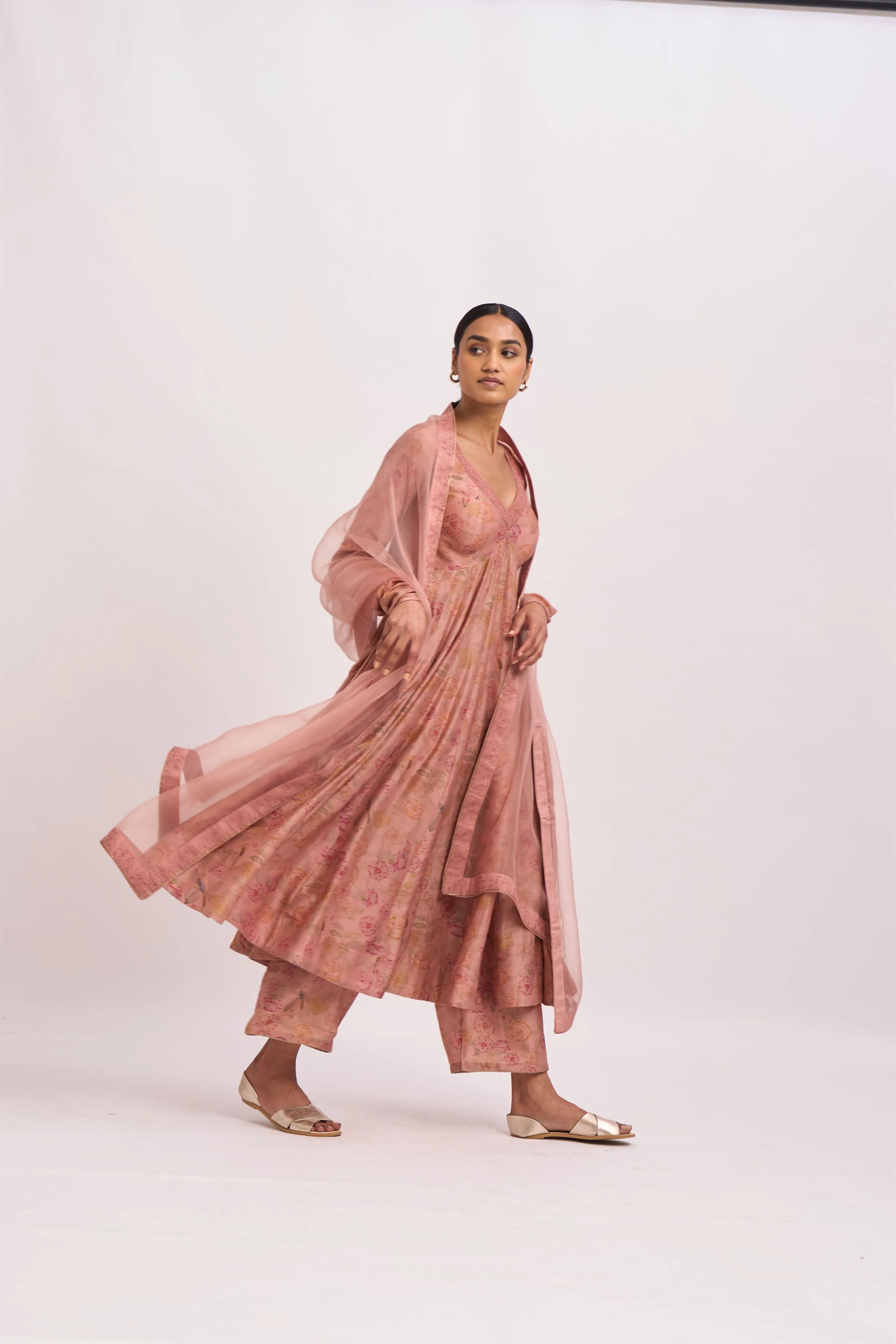 Dot   I   Ira  Marina Anarkali Kurta Set  chanderi Kurta & Pant with Organza Dupatta Old Rose SS24-O-64