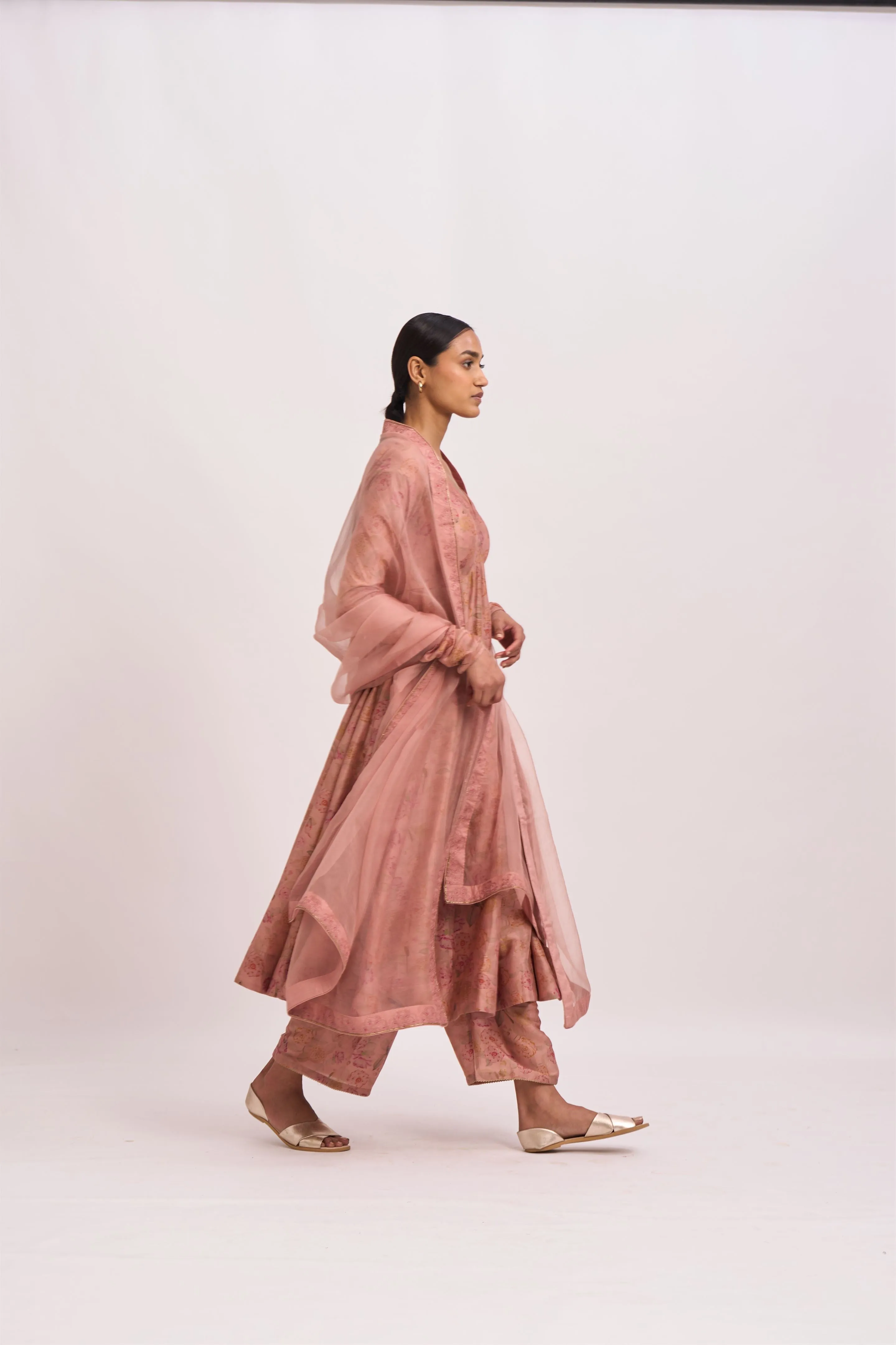 Dot   I   Ira  Marina Anarkali Kurta Set  chanderi Kurta & Pant with Organza Dupatta Old Rose SS24-O-64