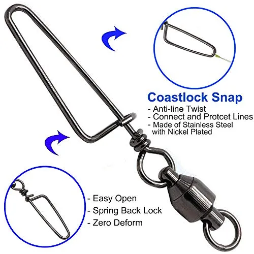 Easy Catch 10, 30 Pack High-Strength Fishing Ball Bearing Swivel with Coastlock Snap, Strong Welded Ring for Saltwater Fishing-18Lb to 350Lb (100% Copper Stainless Steel) (Size 6 6 (180lb) 30Pack)