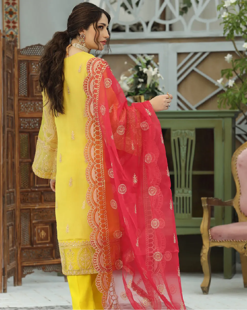 Embroidered Yellow Organza Salwar Kameez Pakistani Dresses