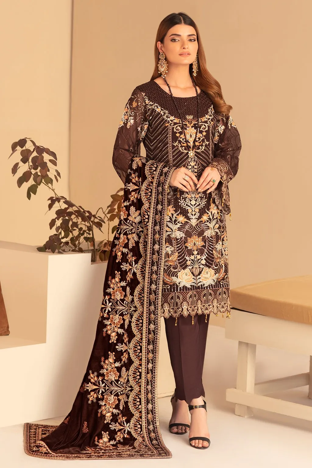 Fancy Pakistani Dress in Chocolate Brown Shade #PF274