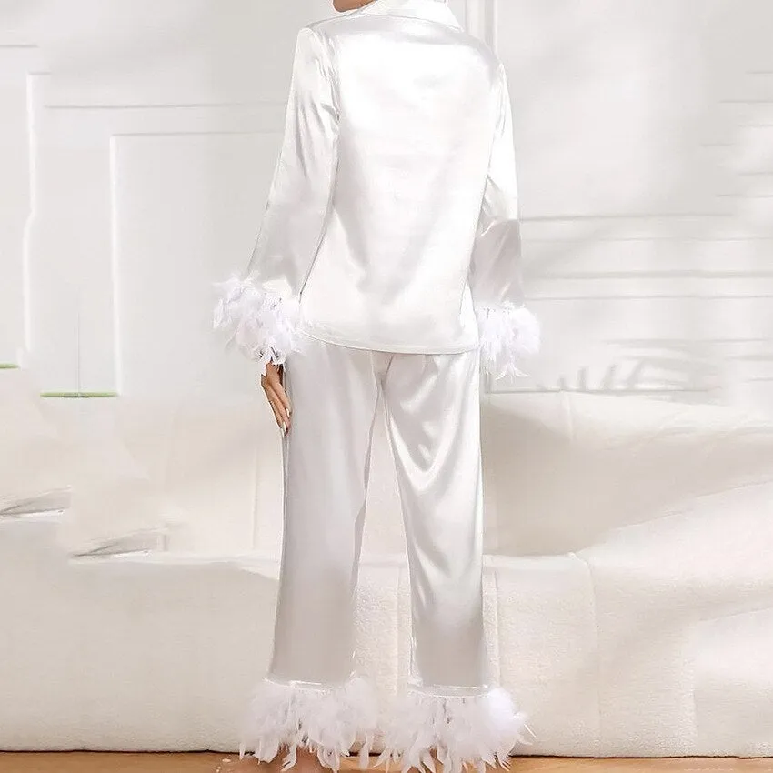 Feathered 2 Piece Long Sleeve Turn Down Collar Pajama Set