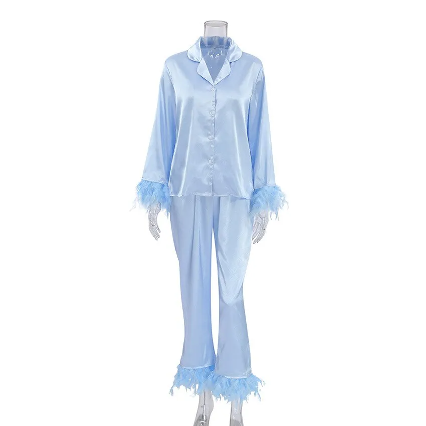 Feathered 2 Piece Long Sleeve Turn Down Collar Pajama Set