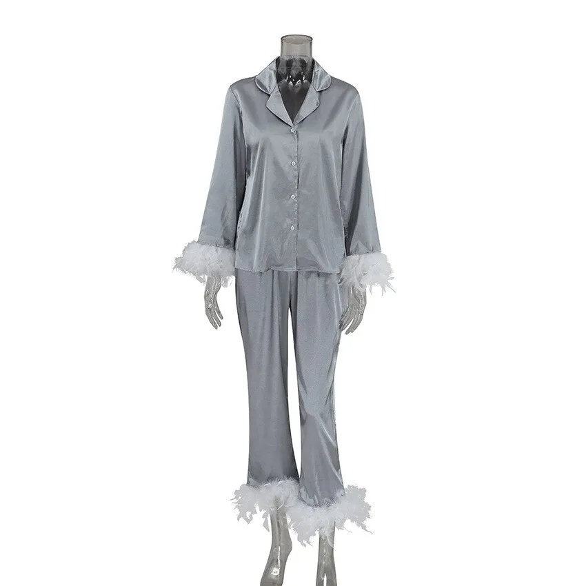 Feathered 2 Piece Long Sleeve Turn Down Collar Pajama Set