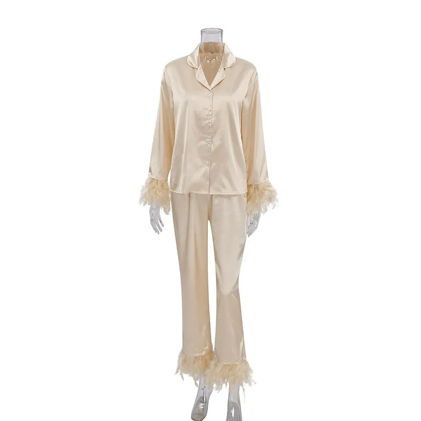 Feathered 2 Piece Long Sleeve Turn Down Collar Pajama Set