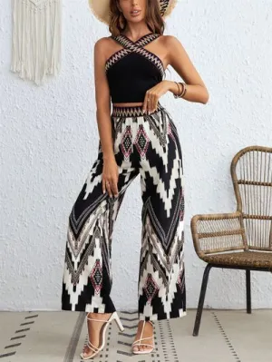 Geo Print Strap Sleeveless Top and Pants Set