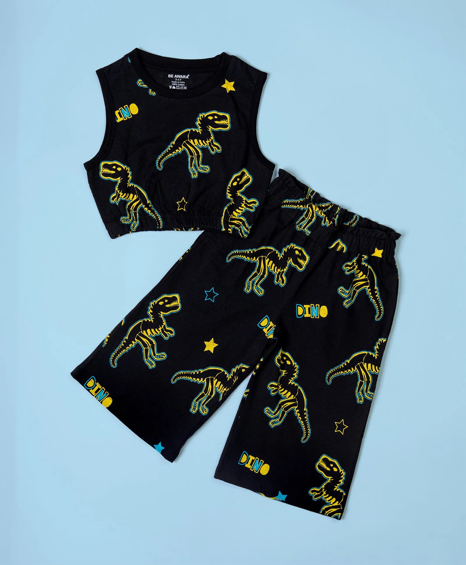 Girls Neon Dino Pattern Sleeveless Crop Top & Culottes Set