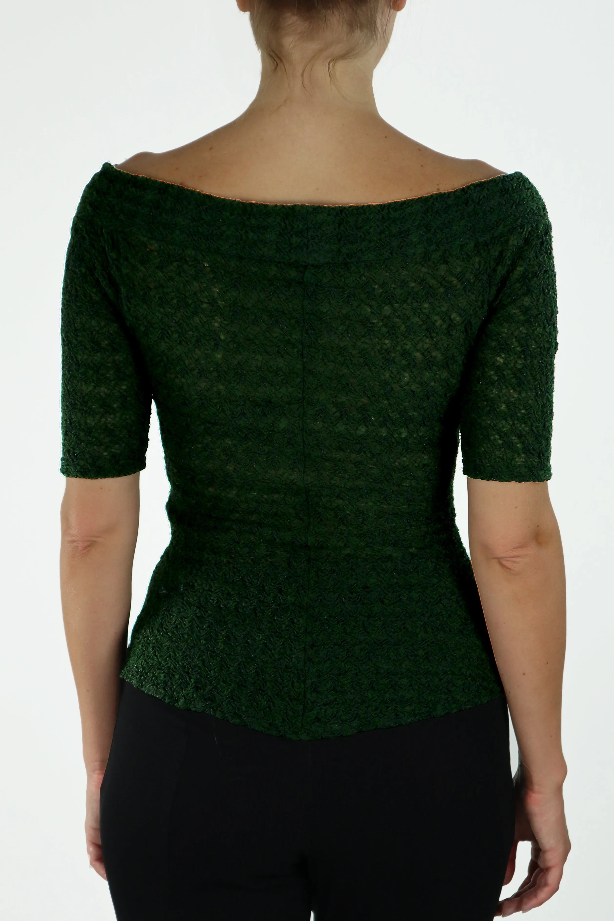 GWYNETH Puckered Off-Shoulder Elbow Length Sleeve Top Olive with Black