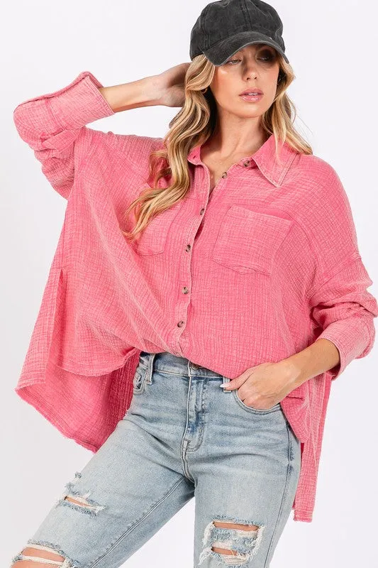 Hazel Blues® |  SAGE   FIG Frayed Hem Side Slit Button Down Shirt