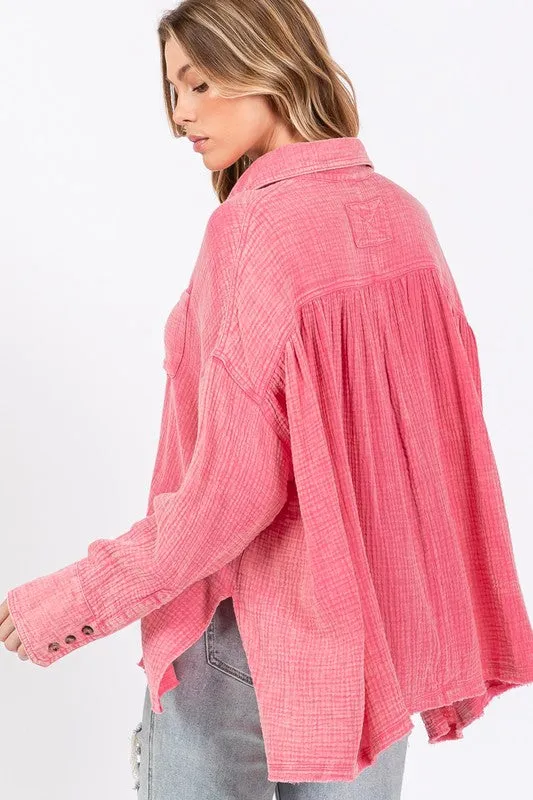 Hazel Blues® |  SAGE   FIG Frayed Hem Side Slit Button Down Shirt