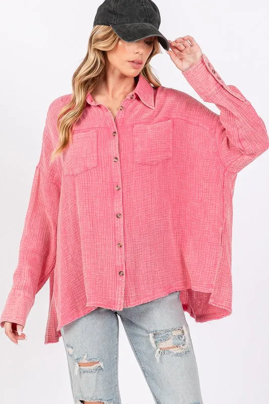 Hazel Blues® |  SAGE   FIG Frayed Hem Side Slit Button Down Shirt