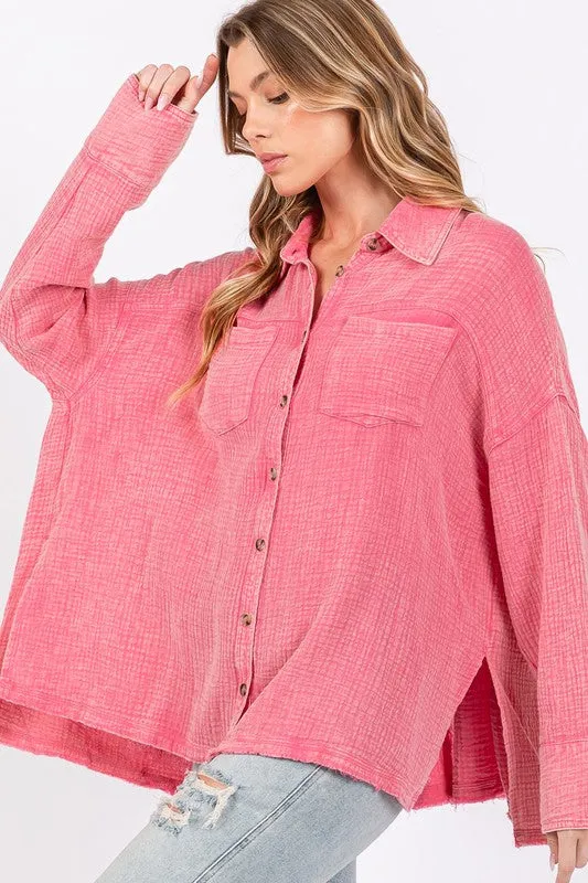 Hazel Blues® |  SAGE   FIG Frayed Hem Side Slit Button Down Shirt