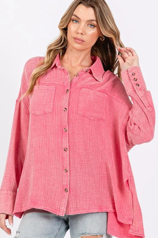 Hazel Blues® |  SAGE   FIG Frayed Hem Side Slit Button Down Shirt