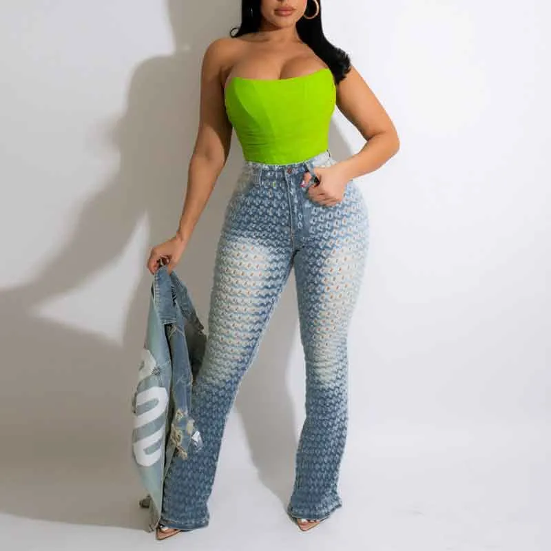 Hollow Out High Waist Denim Pants