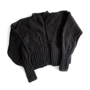 Jet-Black Worsted Wool Cardigan