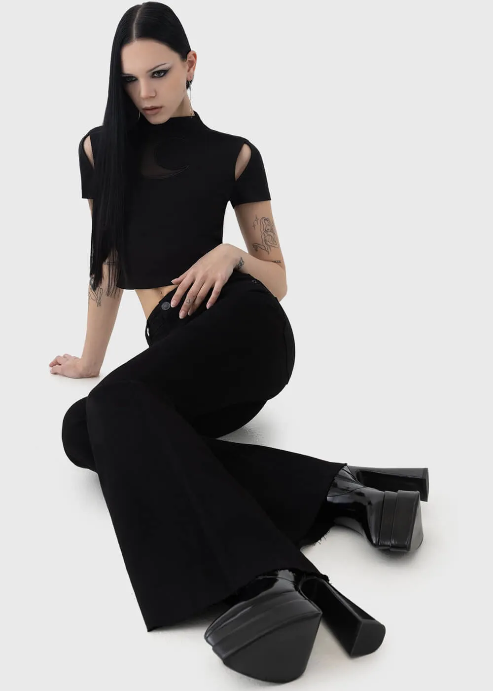 Killstar Perseis Denim Flare Pants Black