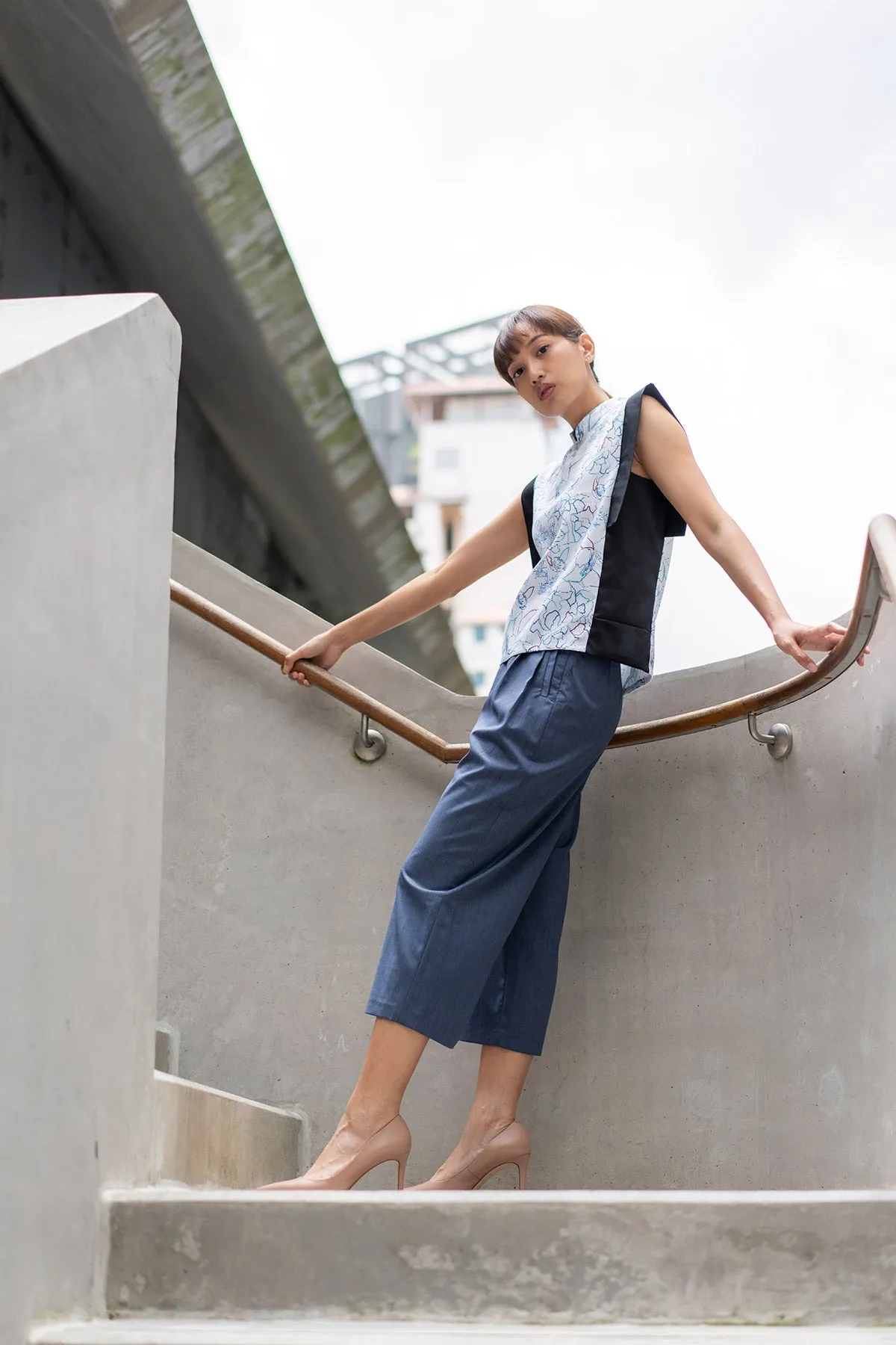 Linear Cheongsam Top - Aquatic Print (US 8)
