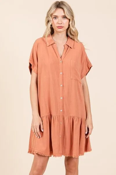Linen Blend Button Down Shirt Mini Dress