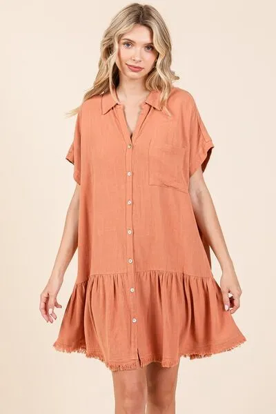 Linen Blend Button Down Shirt Mini Dress