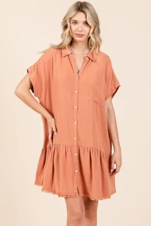 Linen Blend Button Down Shirt Mini Dress