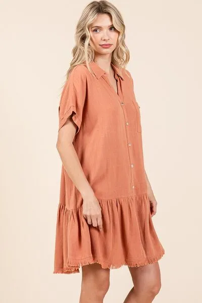 Linen Blend Button Down Shirt Mini Dress