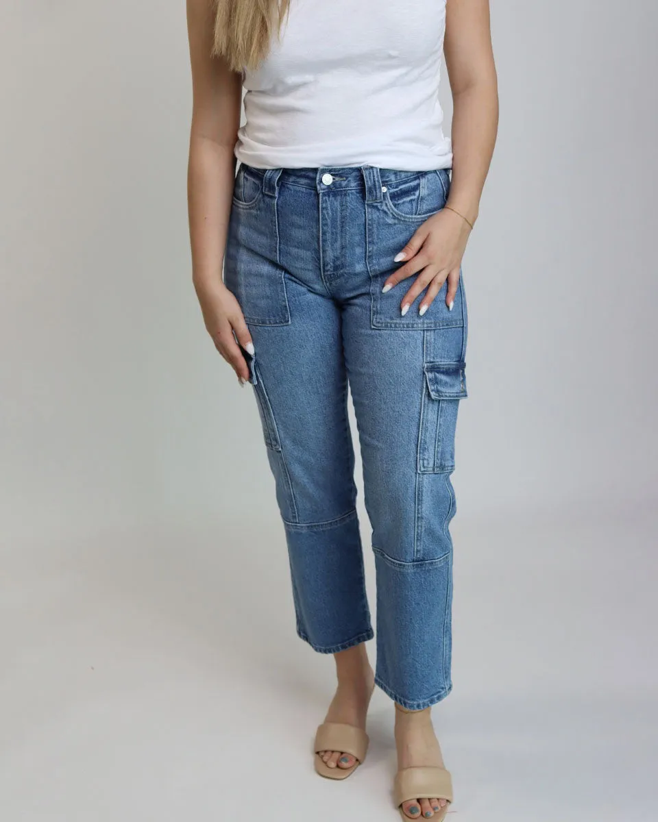 Medium Wash High Rise Cargo Jeans