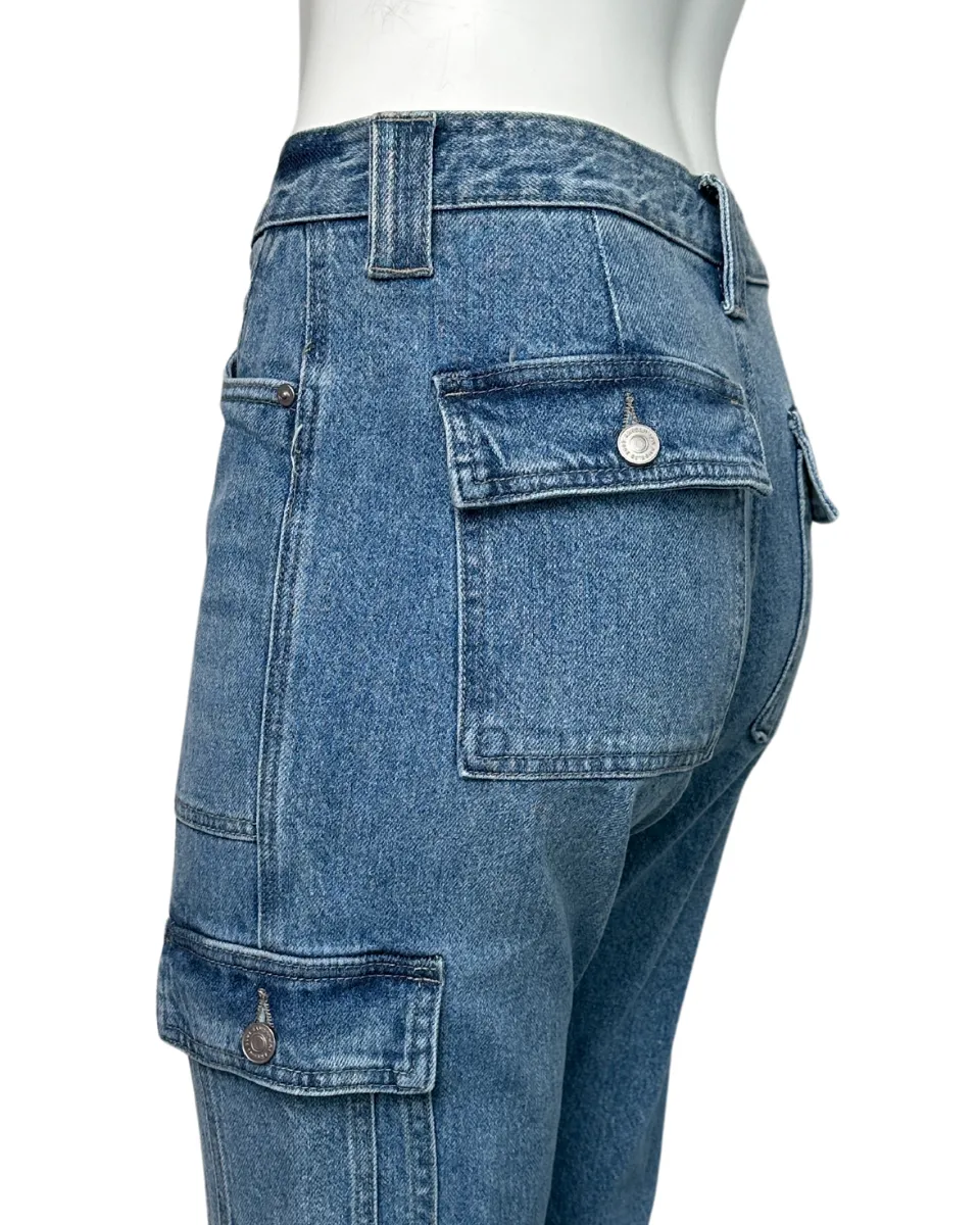 Medium Wash High Rise Cargo Jeans