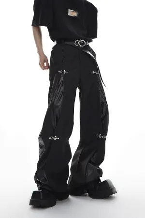 Metal Airplane Button Leather Splicing Pants