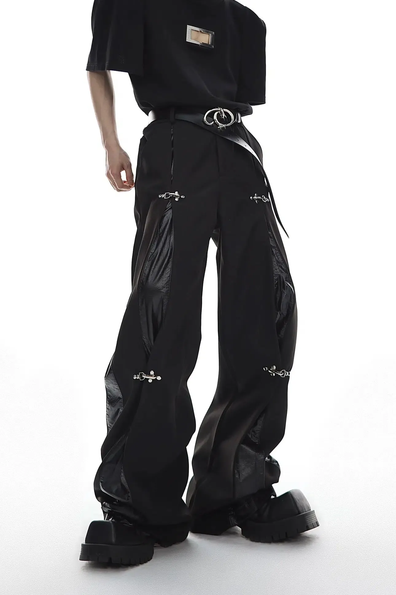 Metal Airplane Button Leather Splicing Pants