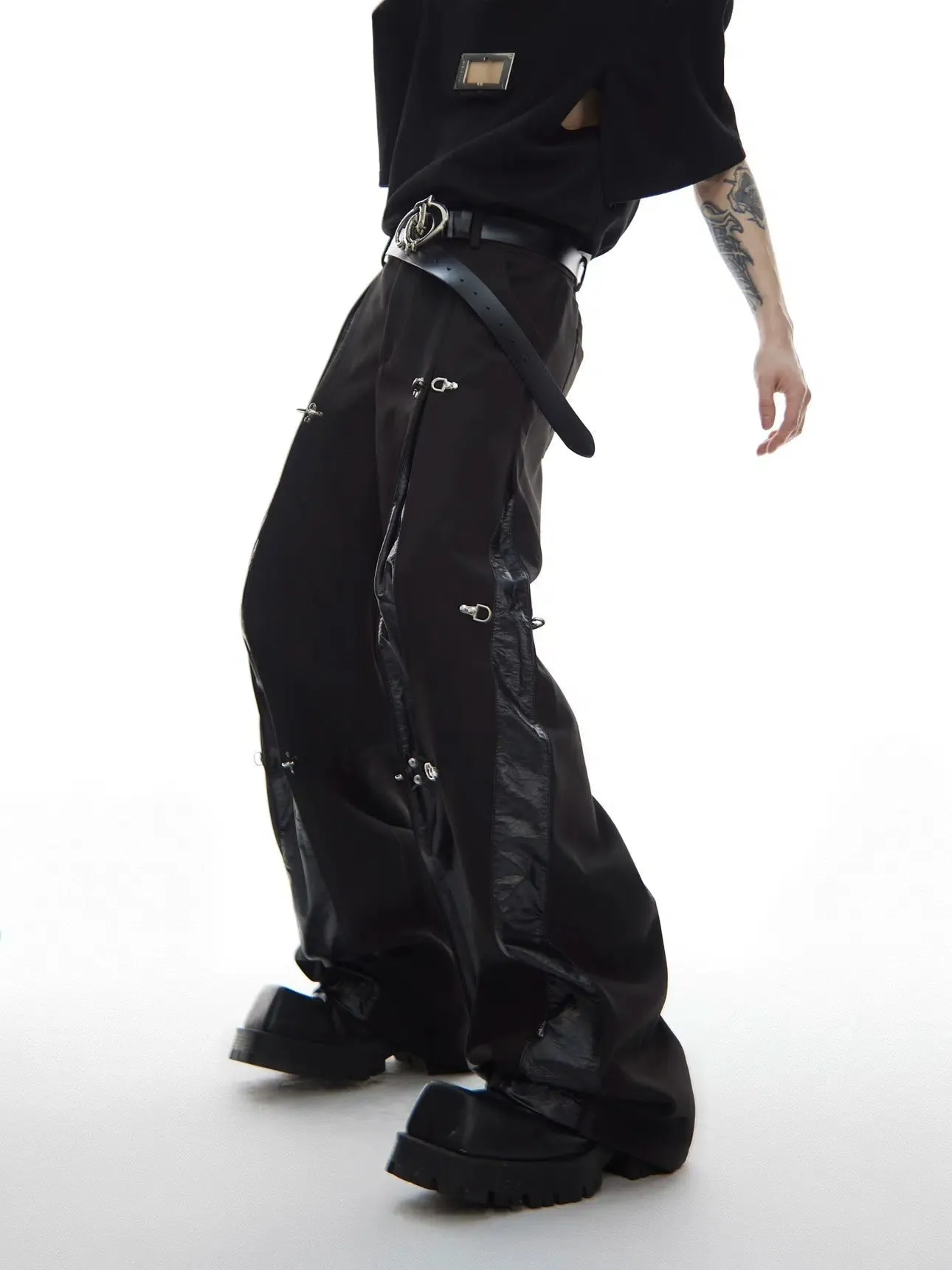 Metal Airplane Button Leather Splicing Pants