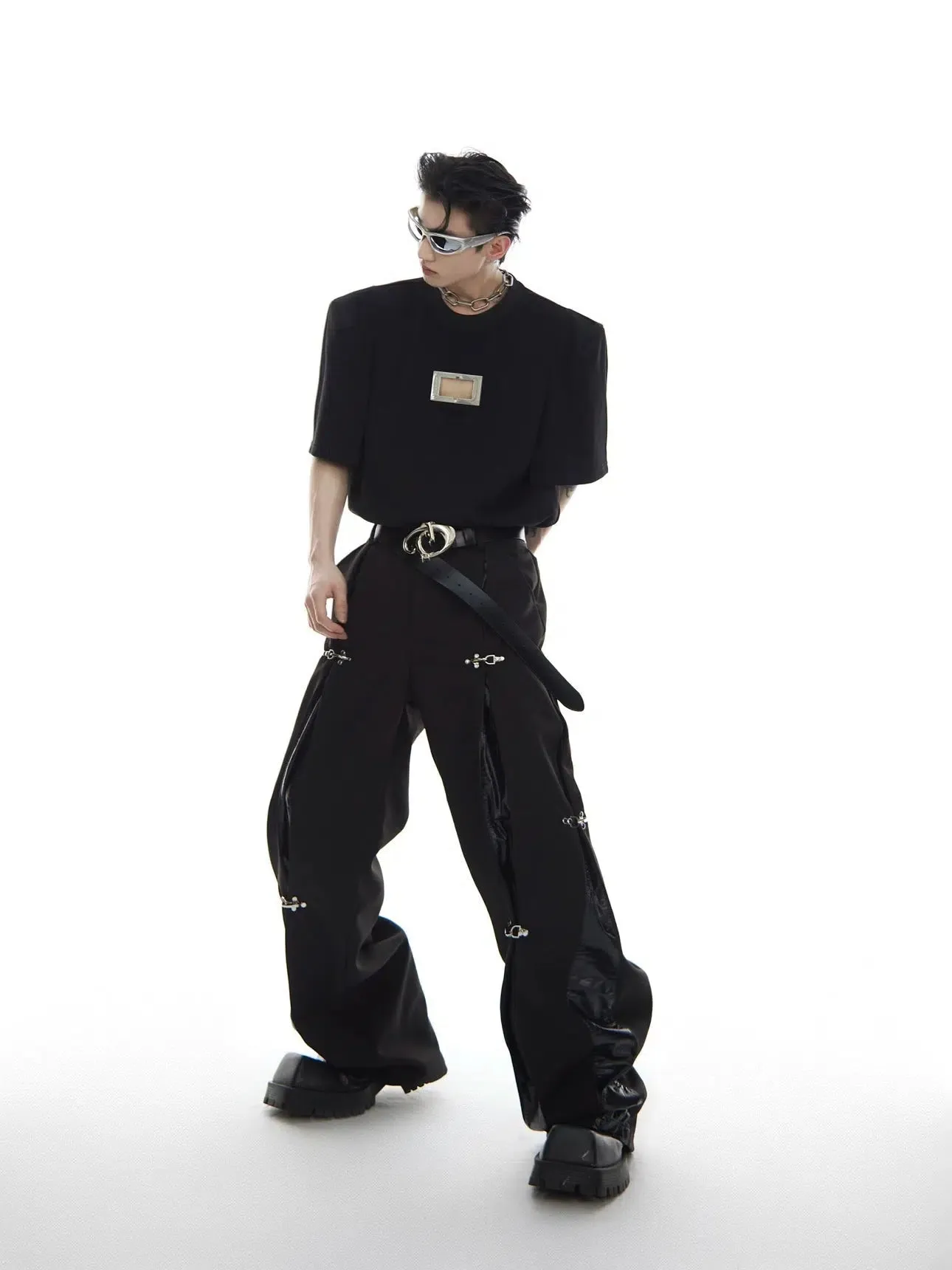 Metal Airplane Button Leather Splicing Pants