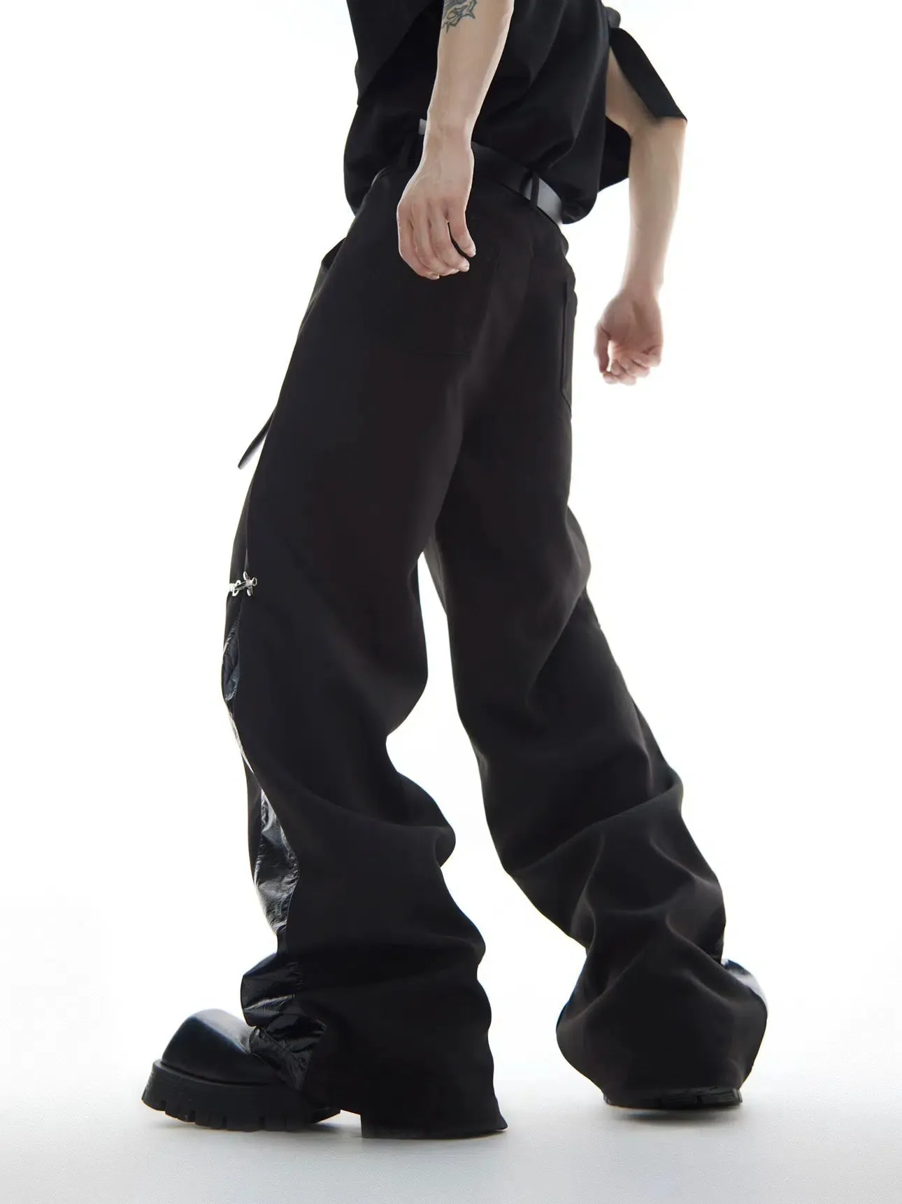 Metal Airplane Button Leather Splicing Pants
