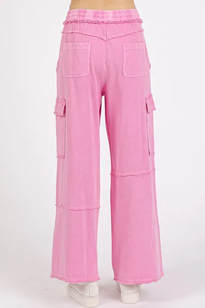Mittoshop Mineral Wash Elastic Waist Cargo Wide Leg Pants