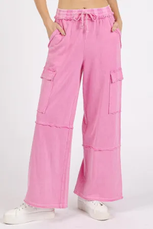 Mittoshop Mineral Wash Elastic Waist Cargo Wide Leg Pants