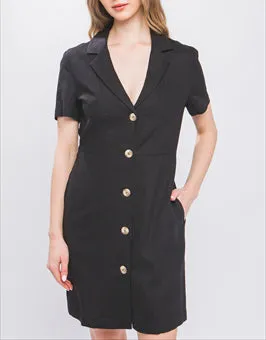Natalia Collared Button Front Mini Dress In Black