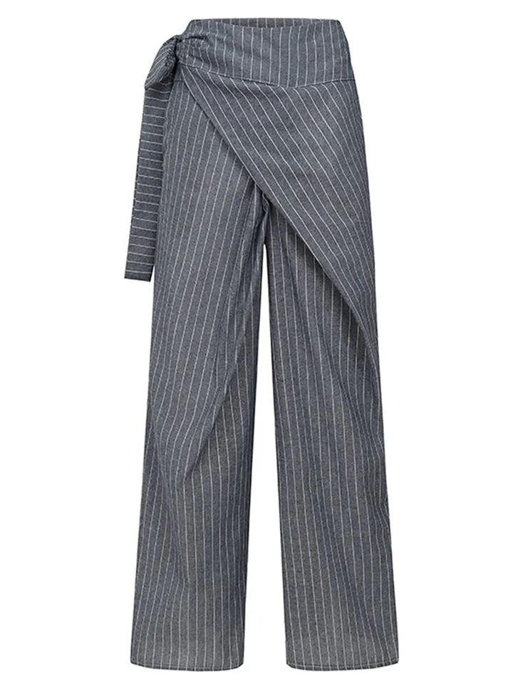 On-Trendy Side Tie Fastening Asymmetric Wrap Design Pocket Striped Pants