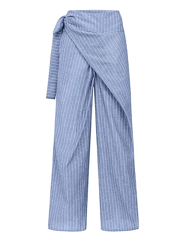 On-Trendy Side Tie Fastening Asymmetric Wrap Design Pocket Striped Pants