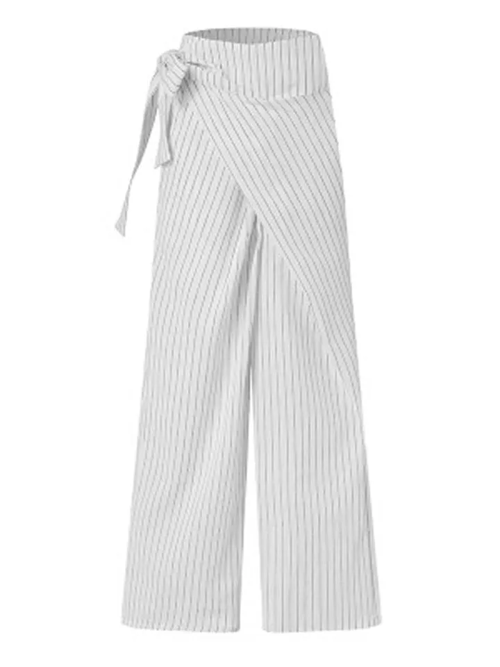 On-Trendy Side Tie Fastening Asymmetric Wrap Design Pocket Striped Pants