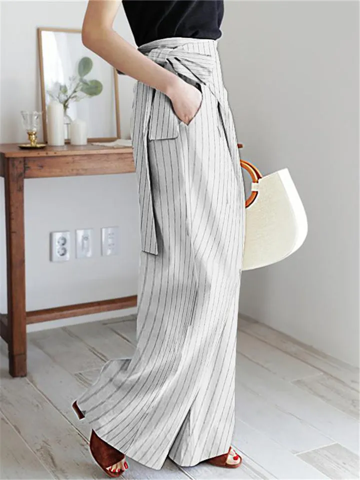 On-Trendy Side Tie Fastening Asymmetric Wrap Design Pocket Striped Pants