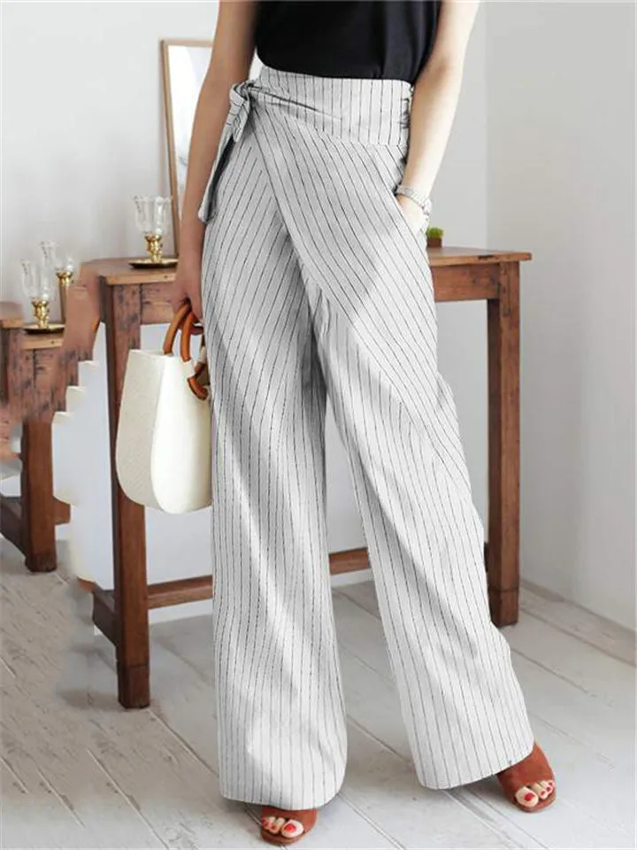On-Trendy Side Tie Fastening Asymmetric Wrap Design Pocket Striped Pants
