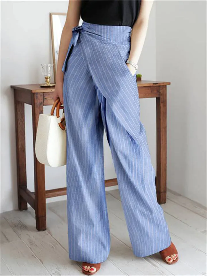 On-Trendy Side Tie Fastening Asymmetric Wrap Design Pocket Striped Pants