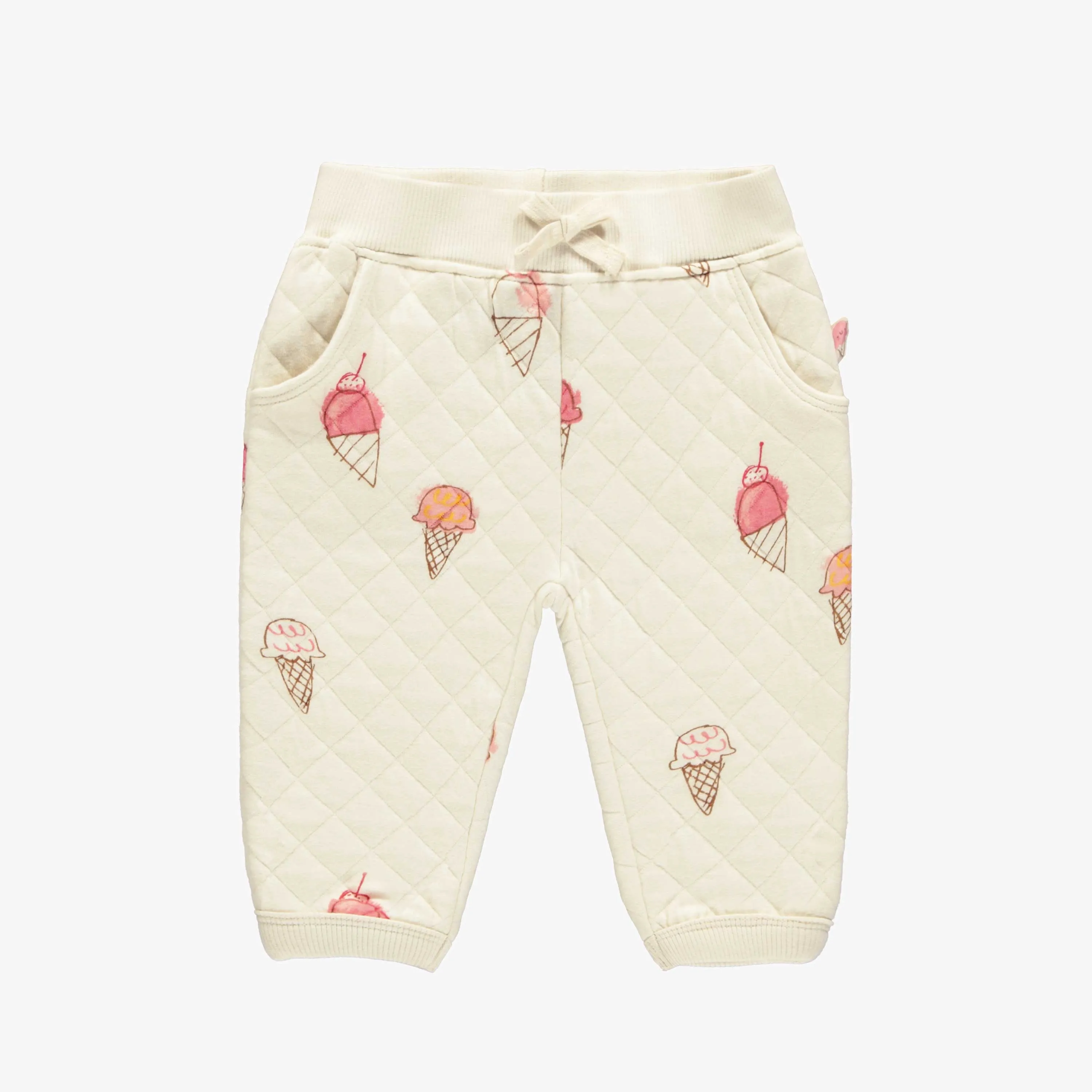 Pantalon coupe décontractée en jersey matelassé crème à motif de crèmes glacées, bébé || Cream colored quilted jersey pants with ice cream print, baby