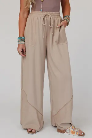 Parchment Solid Color Wide Leg Casual Pants with Pockets