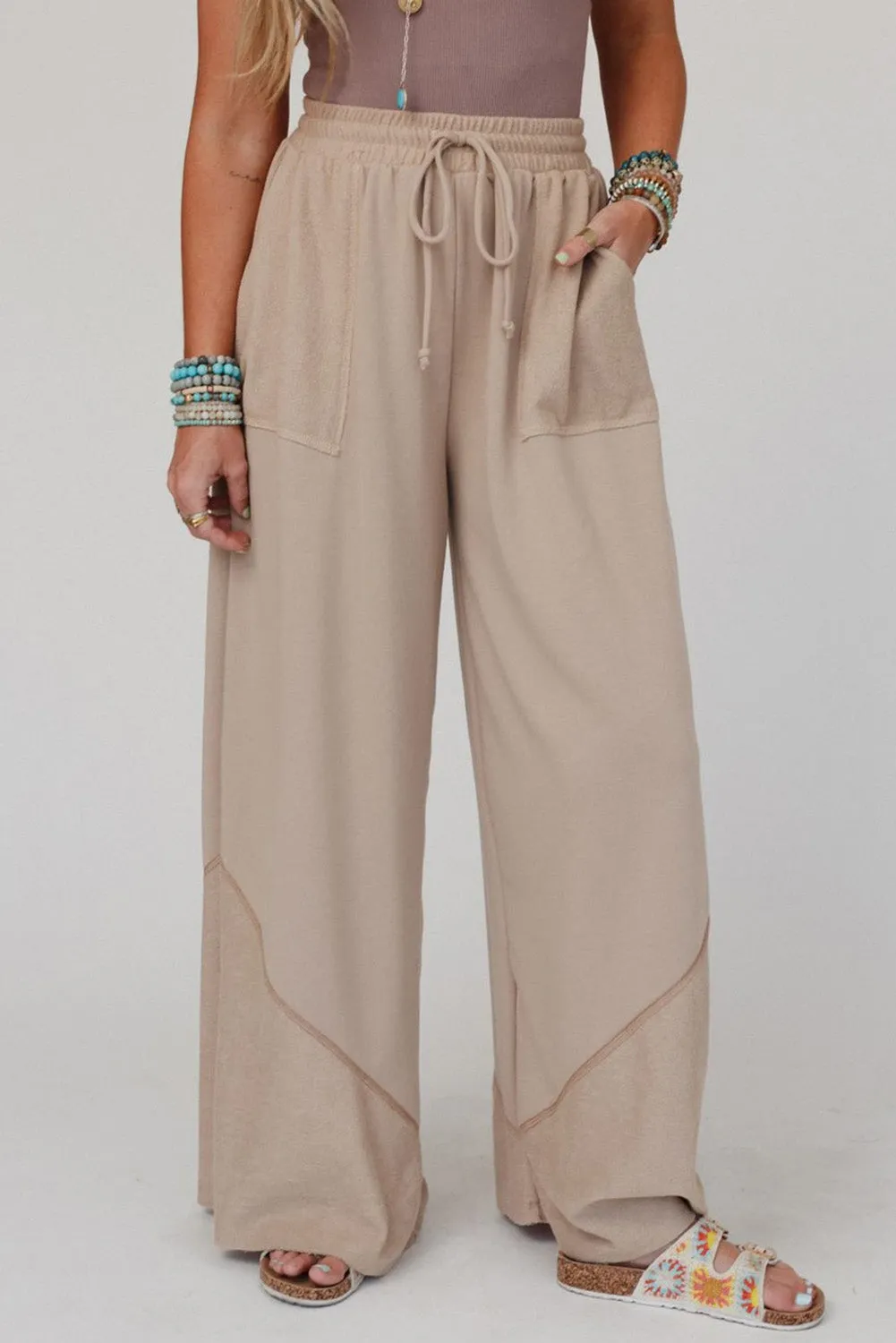 Parchment Solid Color Wide Leg Casual Pants with Pockets