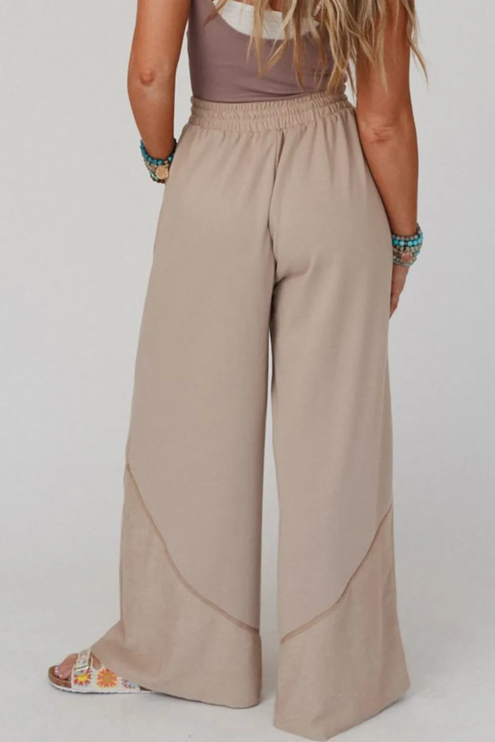 Parchment Solid Color Wide Leg Casual Pants with Pockets